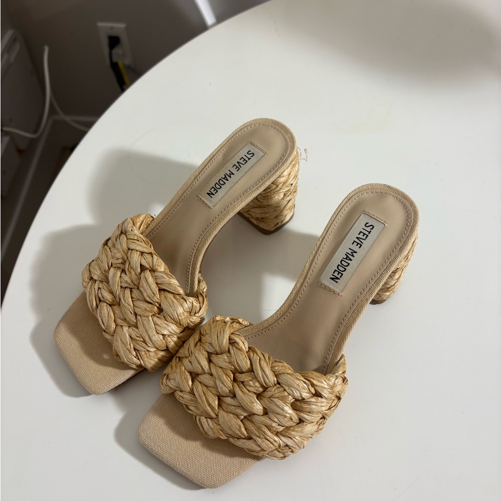 Steve Madden Beige Braided Raffia Mule Heels